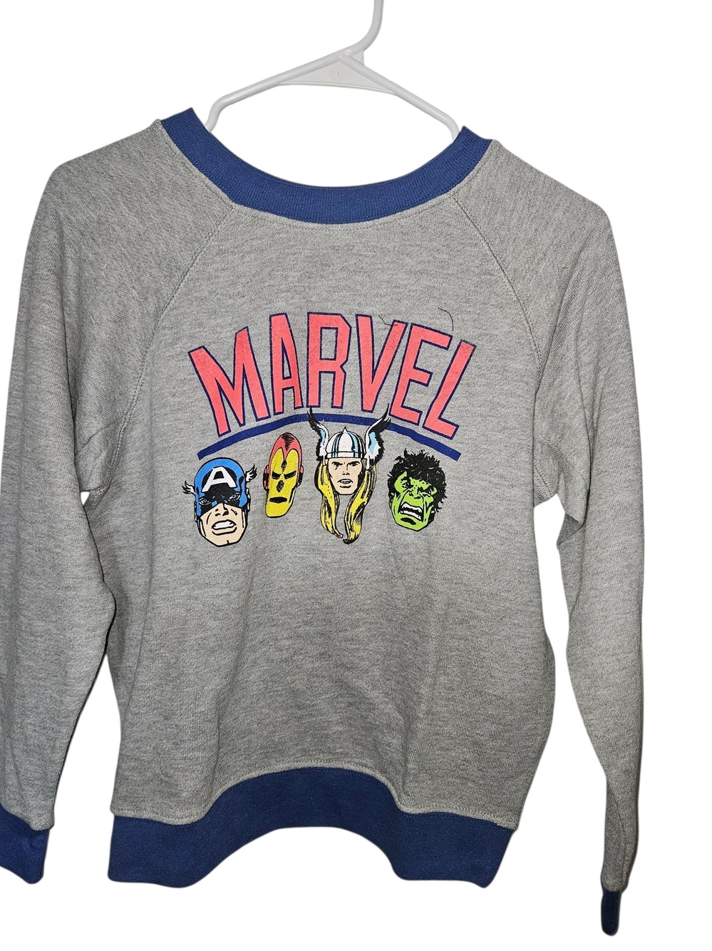 Marvel Kids Grey Sweatshirt with Blue Trim and Colorful Character Print